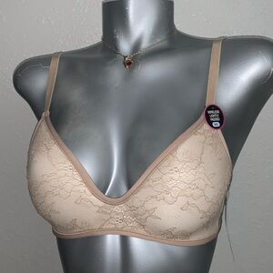 RENE ROFE NUDE BEIGE WIRELESS LIGHTLY PADDED LACE TRIPLE HOOK TSHIRT BRA 34C